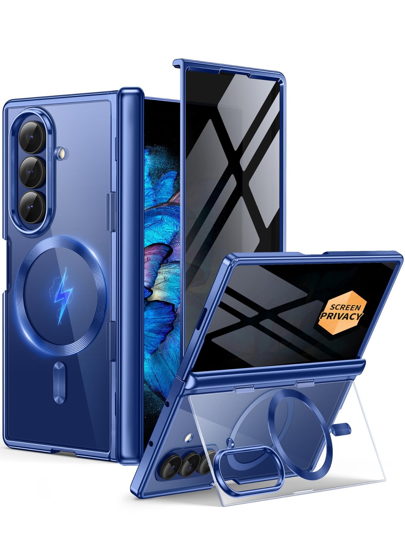 BERFY for Z Fold 7 Case with Privacy Screen Protector, [Compatible with Magsafe][Hidden Kickstand] Clear Plating Design Full-Body Slim Shockproof Hard Phone Case for Samsung Galaxy Z Fold 7, Blue